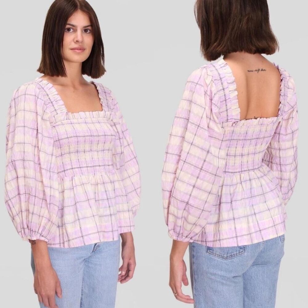 NWOT GANNI Seersucker Check Smock Top Orchid Bloom Size 38 Fits M